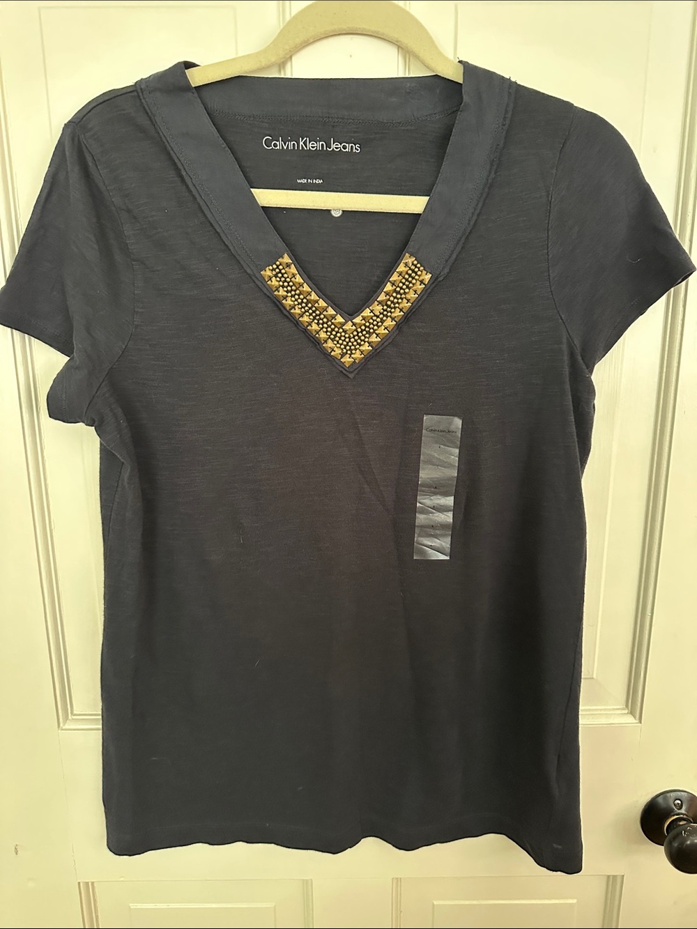 Calvin Klein Jeans Navy VβNeck Short Sleeve Top with Gold Embellishment